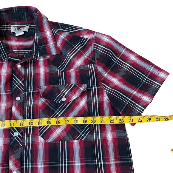 Duke Haband Western Shirt Men's Size Large Red Black Plaid Pearl Snaps Cowboy - Picture 3 of 5